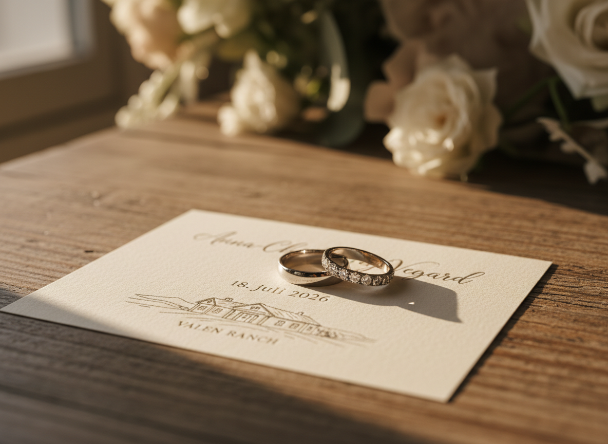 A pair of elegant wedding rings resting on a smooth, pale linen invitation card embossed with the names “Anna-Christin og Vegard” and the date “18. juli 2026.” The rings, one a polished white gold band and the other a delicate band with small, sparkling stones, lie near an understated illustration of Valen Ranch. They are positioned on a rustic wooden table with subtle grain patterns. Soft golden hour sunlight from a nearby window washes over the scene, creating gentle highlights on the metal and faint, elongated shadows. Photographic realism, eye-level composition with a shallow depth of field, the background dissolving into a creamy blur of neutral tones, conveying a sophisticated, serene, and timeless atmosphere suitable for a refined wedding website.
