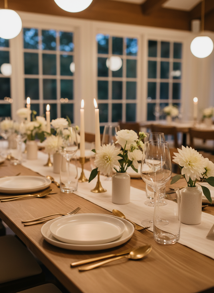 A beautifully set reception table inspired by Valen Ranch, styled with understated Scandinavian elegance. A long, natural wood table shows its subtle grain beneath a narrow, off-white linen runner. On top, matte porcelain plates in warm white, slender crystal glasses, and brushed gold cutlery are meticulously aligned. Small arrangements of white flowers and soft green foliage sit in simple ceramic vases, interspersed with unscented ivory taper candles in minimal holders. Evening light from large windows bathes the scene, complemented by soft, warm overhead lighting that creates gentle reflections in the glassware. Photographic realism, shot from a slightly elevated angle with moderate depth of field, highlighting the closest place setting while the rest of the table gradually softens into blur. The atmosphere is sophisticated, intimate, and welcoming.